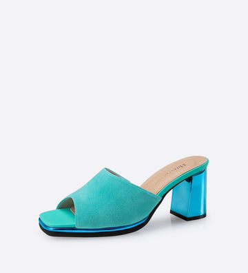 Sandália Mirror Mules em couro e camurça azul