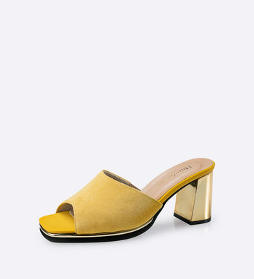 Sandália Mirror Mules em couro e camurça amarelo