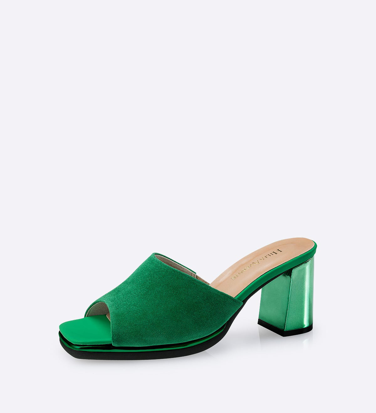 Sandália Mirror Mules em couro e camurça verde