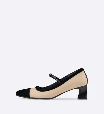 Salto Strap em couro com detalhes em veludo bege